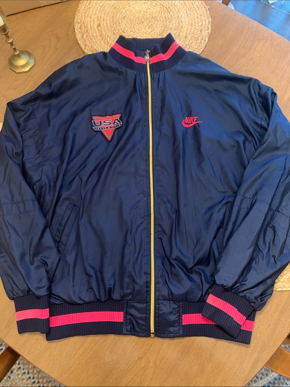 Nike Men’s Navy Bomber Jacket with Pink Trim and Yellow Zip
